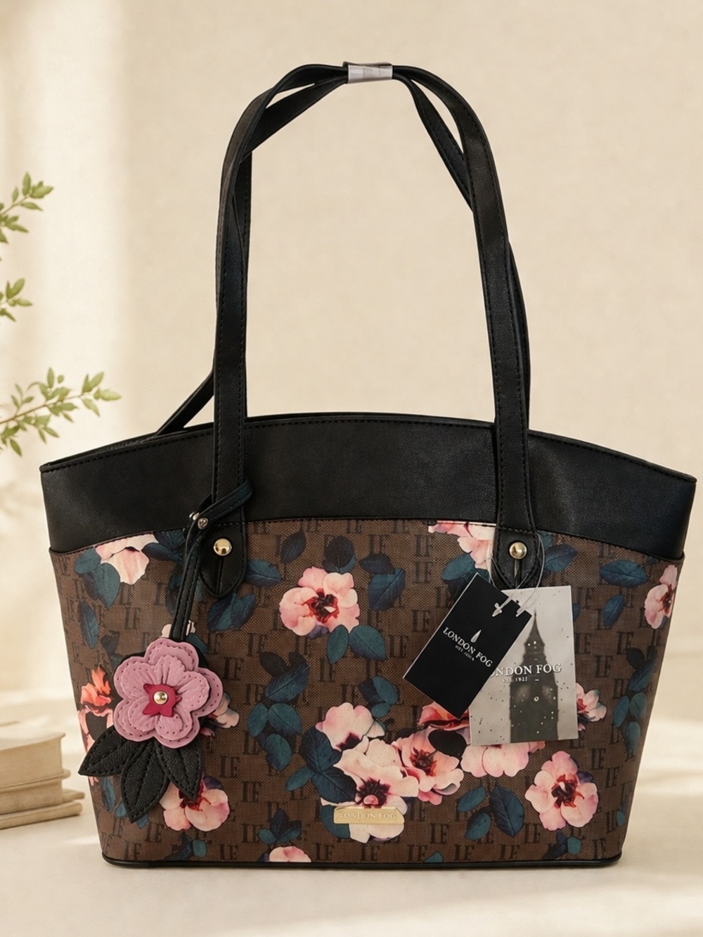 London Fog Floral Logo Tote Bag Brown Black Gold Large Shoulder Handbag